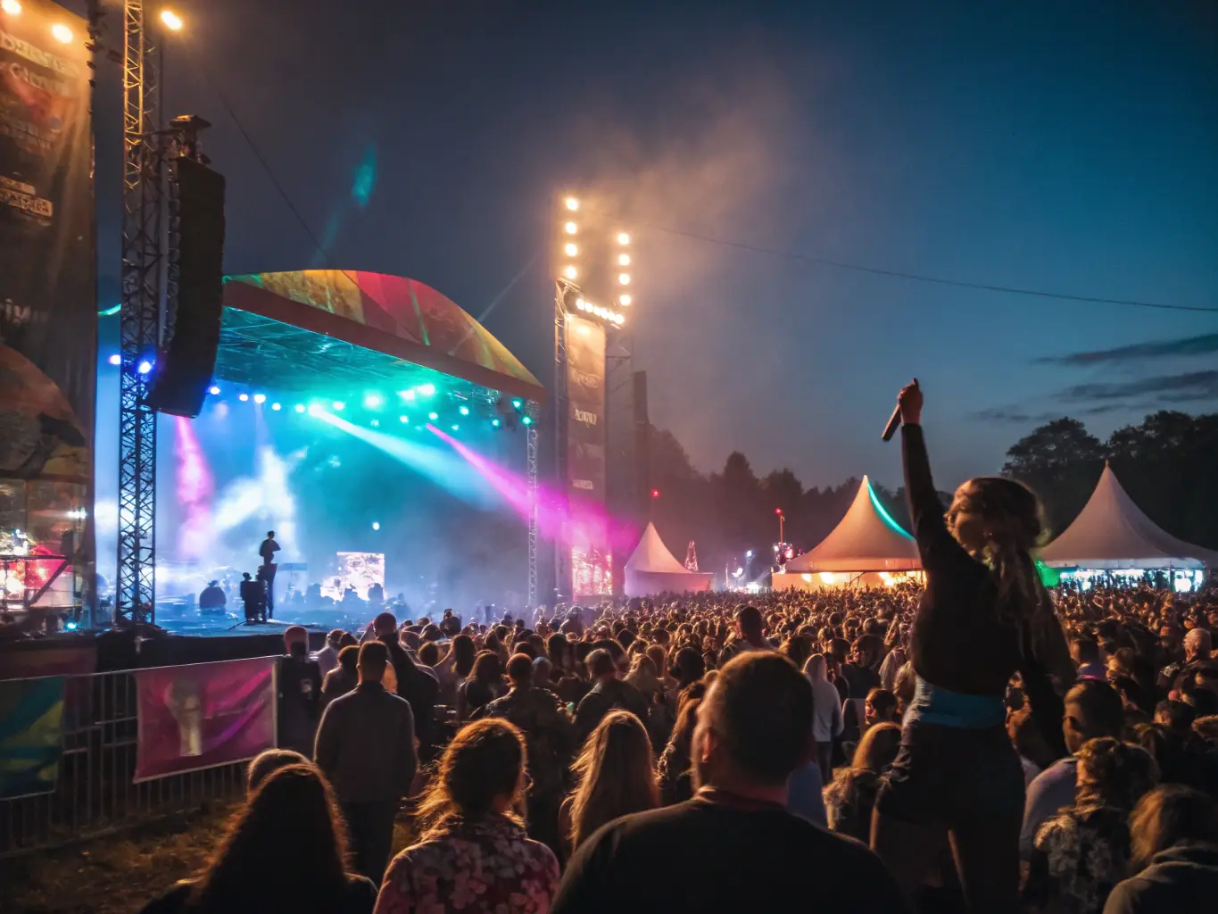 A photograph capturing the energy of an artistic event or festival organized by RURAL EN SCENE. The image features performers on stage, a diverse audience enjoying the show, and colorful decorations that create a festive atmosphere.