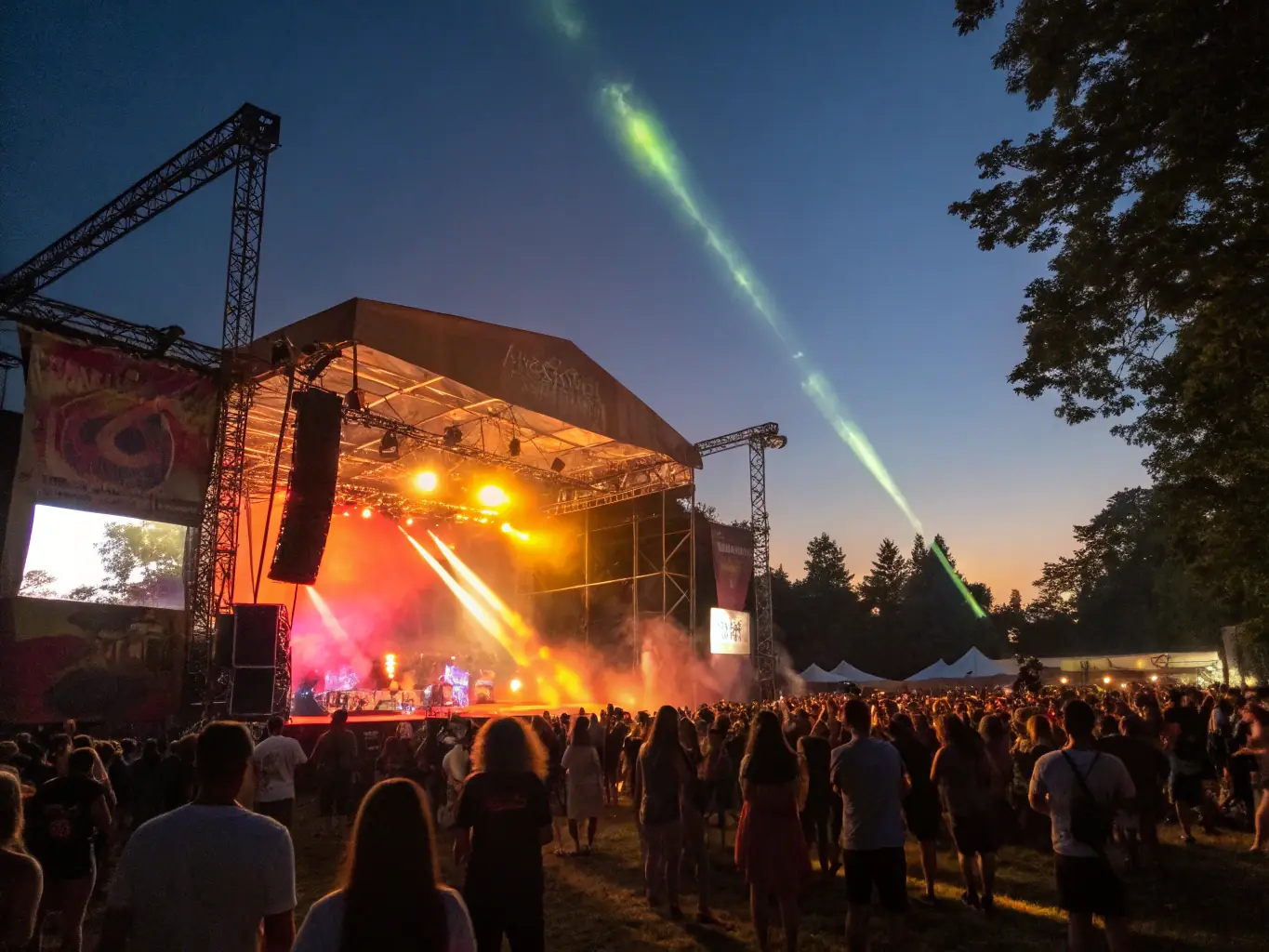 A vibrant image depicting a lively outdoor music festival in a rural setting, showcasing musicians performing on stage, attendees enjoying the music, and colorful decorations enhancing the festive atmosphere.