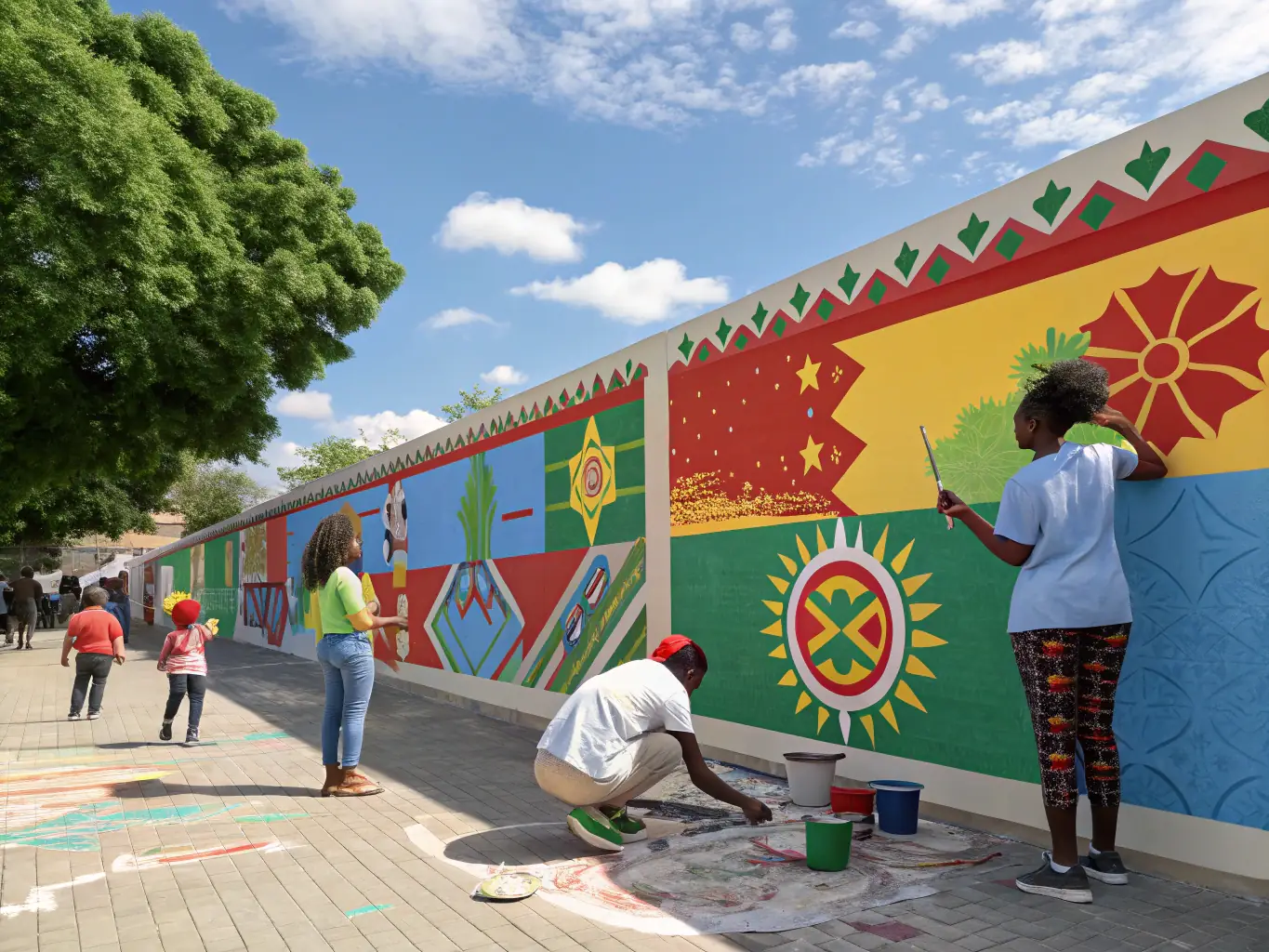 A group of community members participating in a collaborative art project outdoors, facilitated by RURAL EN SCENE. The image highlights the sense of community, creativity, and engagement in a rural setting.