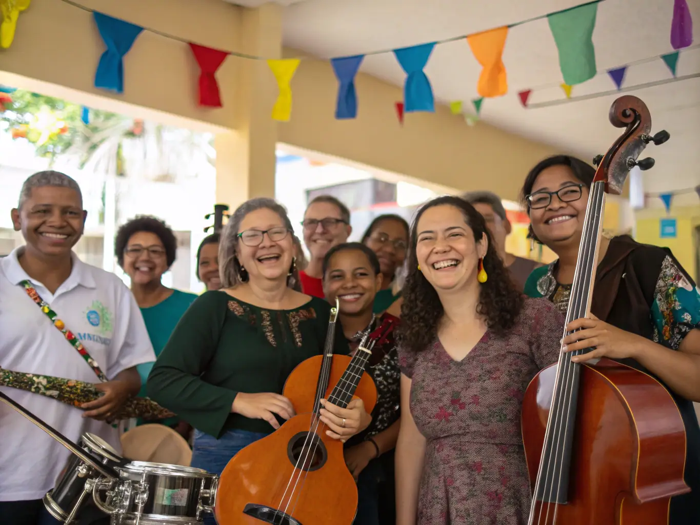 A vibrant image of a music creation workshop in a rural setting, with participants of all ages engaged in playing instruments and learning from a professional musician. The scene is lively and colorful, showcasing the joy of music-making.