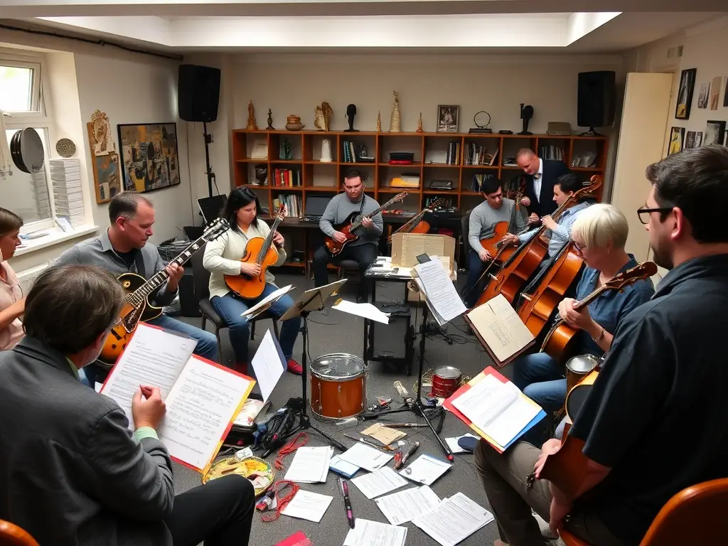 A photograph capturing a music creation workshop in progress, featuring participants of various ages and backgrounds collaborating with instruments under the guidance of a professional musician.